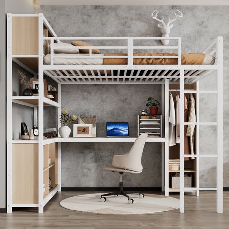 Lit mezzanine 140x200 avec bureau et armoire - métal et panneaux - rangement 2 niveaux - escalier - charge 250kg - blanc et bois (1/5)