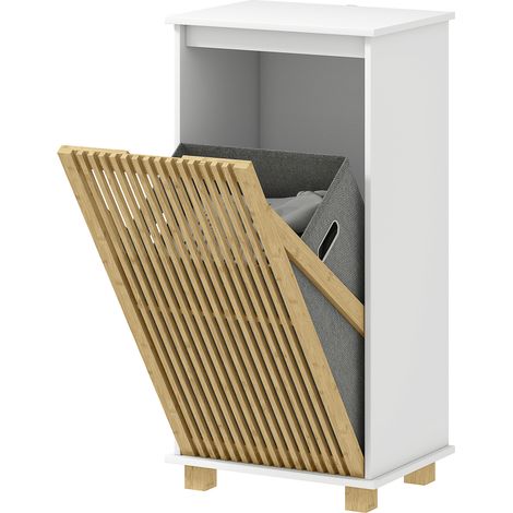 Meuble salle de bain avec panier à linge, porte à lattes en bambou et sac amovible, blanc et effet bois naturel (1/5)
