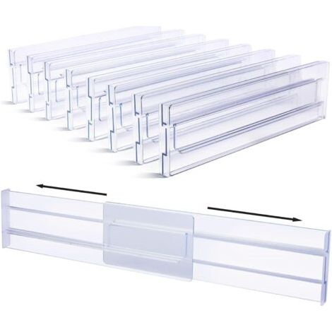 Ede Séparateurs de tiroir en plastique, réglables, lot de 8 (30,99-55,12 cm), séparateur de tiroir transparent, organisateur de tiroir pour rangement de cuisine, chambre à coucher, commode (1/5)