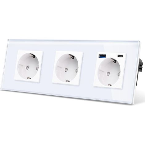 Prise triple en verre avec 2 ports USB, 1× (Type-C et Type-A supportant la charge rapide 20W) - Prise Schuko encastrée en blanc - Prise murale avec contact de protection avec cadre en verre (1/5)