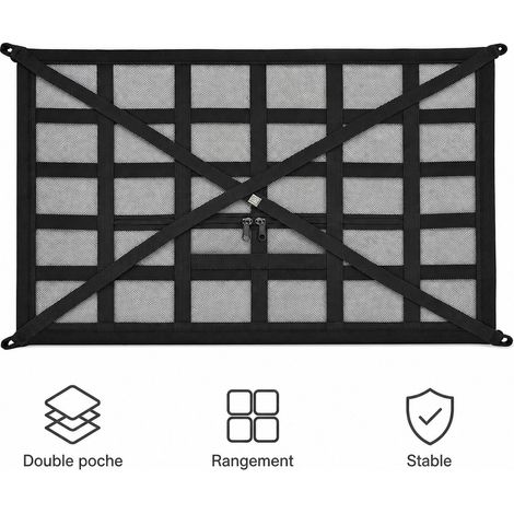 Filet de Plafond Voiture Double Couche avec Zip en Polyester Elastique, 70 x 50 cm, pour Rangement et Voyage sous Plafond de l'Habitacle