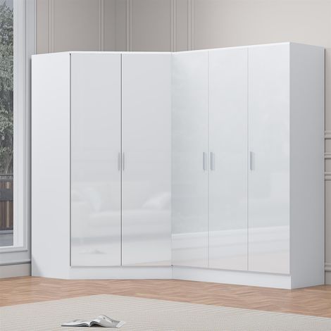 Reflect 2pc Wardrobe Bundle - 2 Door Corner + 3 Door Plain - White Gloss & Matt White