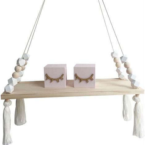 Wall Shelf Floating Shelf Wood Rack Hanging Swing Wall Shelf Wall Chart Macaron Board Girls Kids Room Decor Size: 38x14x1.2cm (White) (1/5)