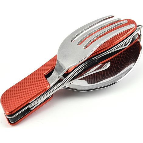 Ensemble de table de voyage portable 2 pièces, couvre-plaque de cuisson avec poignée en aluminium 4 pièces, fourchette, cuillère, ouvre-bouteille - Rouge (1/4)
