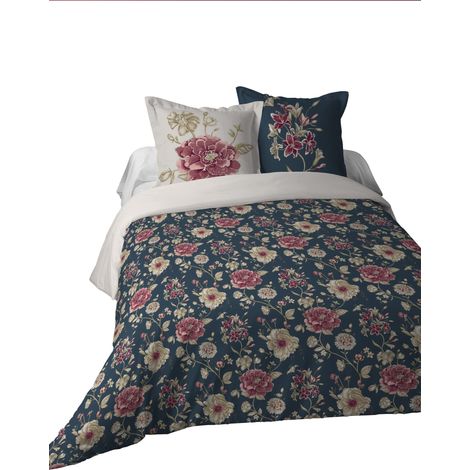 Parure Housse de Couette + 2 Taies d'oreillers - Taille 240x220 cm - 100% Coton - Couleur Bleu - Modèle Flore - Linge de Lit pour Maison (1/5)