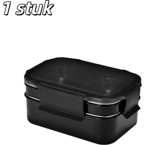 1 boîte à lunch isotherme en acier inoxydable 304 à double compartiment avec couvercle pour repas étudiants et employés rectangulaire noire (1/5)