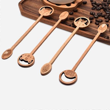 Lot de 5 cuillères à café à long manche en bois, style dessin animé, pour mélanger le café et les desserts. (1/4)