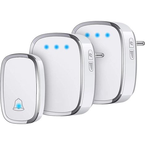 Kabellose Außentürklingel, IP44 wasserdicht, 300 Meter Reichweite, Gongset mit blinkender LED, 1 Sender und 2 Empfänger, 5 Lautstärkestufen, 36 Melodien (1/5)