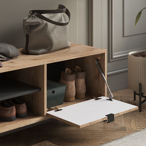 Banco para zapatos Eliza, Roble vikingo, 100 x 45 cm con puerta plegable, Vicco