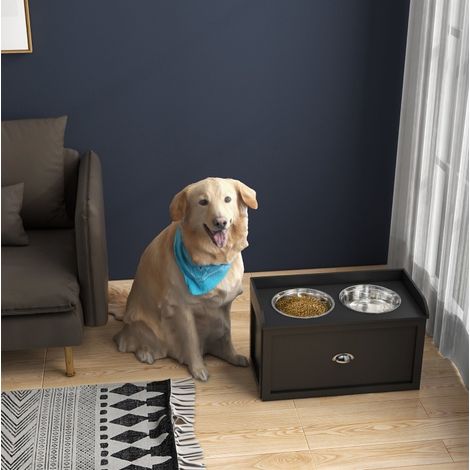 REDOM comedero elevado para perros 60x30x36 cm, con 2 cuencos de 2 L y cajón, acero inoxidable, negro (1/5)