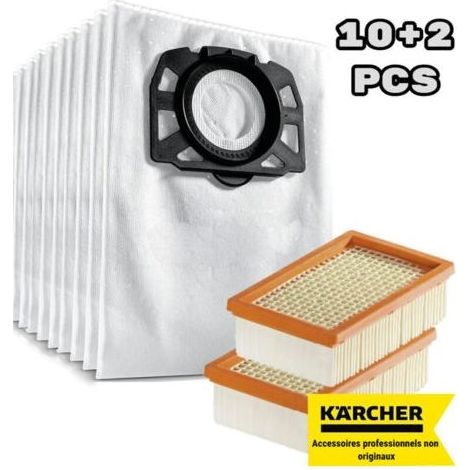 Convient pour Kärcher WD 4, WD 5, WD 6, WD 4290 / 5200 M / 5300 M / 5600 MP Sac filtre à peluches + filtre plat plissé (pack de 10+2) (1/4)