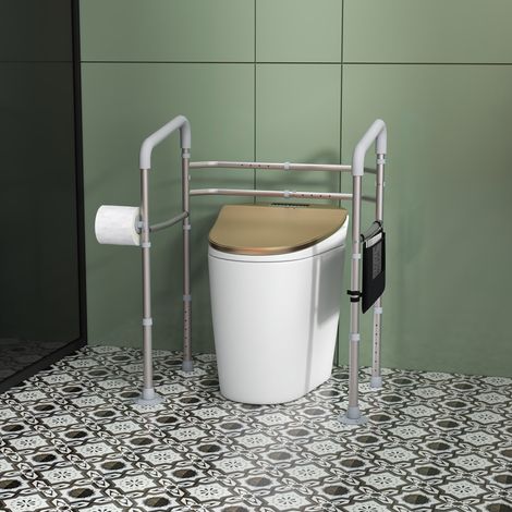 Toilettengestell mit verstellbaren Armlehnen (Breite und Höhe), Stützhalterung mit Aufbewahrungstasche, grau