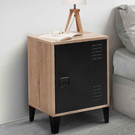 Mesilla de noche ESTER efecto madera con 1 puerta de metal negro, diseño industrial (1/5)