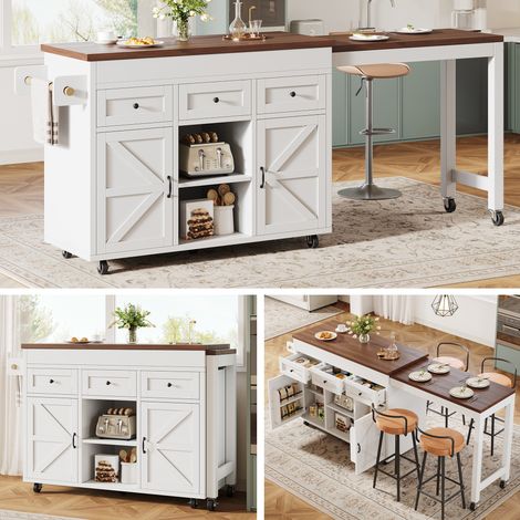 Îlot de cuisine avec rangements, table à manger/bar extensible (131,5-210 cm), pivotante à 360°, avec tiroirs et placards, plan de travail polyvalent pour cuisine, salle à manger et petits espaces, bl