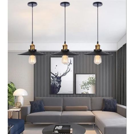 Lot de 3 Lampe Suspension Ajustable Vintage en Métal,E27 Lustre Luminaire Industrielle Retro Noir pour Salon Chambre (1/4)