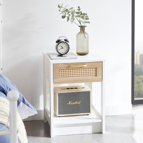 Table d'appoint en rotin avec tiroir, table de chevet moderne, table d'appoint pour le salon ou la chambre à coucher, blanche - H 55 / L 40 / P 40 cm (1/5)