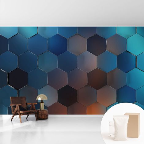 Papier peint intissé mural avec imprimé pour décoration pour salon pour chambre à coucher pour entrée Hexagones bleus 416x254 cm (1/5)