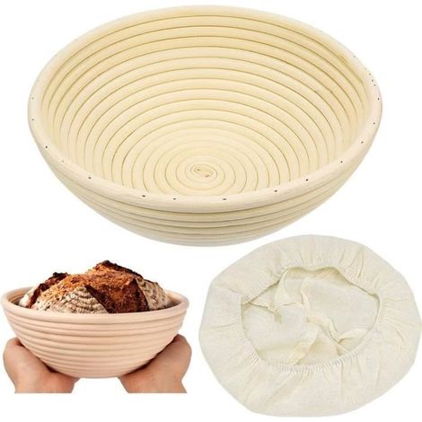 (BEIGE) ZesNice Runde Brotkörbe (mit Futter) – Größe 22 x 8,5 cm – Fassungsvermögen: 500 g Brotteig – Rattanschale für selbstgebackenes Brot