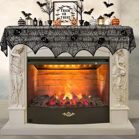 Décoration d'Halloween : Couvre-cheminée en dentelle noire à motif toile d'araignée, accessoire festif, 46 x 249 cm (1/5)