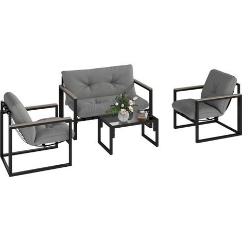 Outsunny Garden Furniture Set, 4 Piece Indoor Outdoor Conservatory with Loveseat Sofa, Armchairs, Glass Top Coffee Table, Cushions for Balcony, Poolside, Patio, Dark Grey