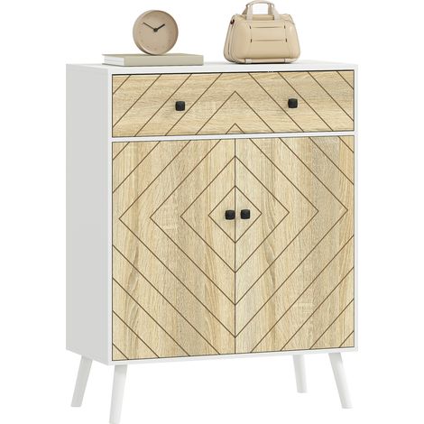 Porte-chaussures entrée 2 portes, blanc, naturel, 75x35x97 cm, étagères réglables, tiroir, 12 paires (1/5)
