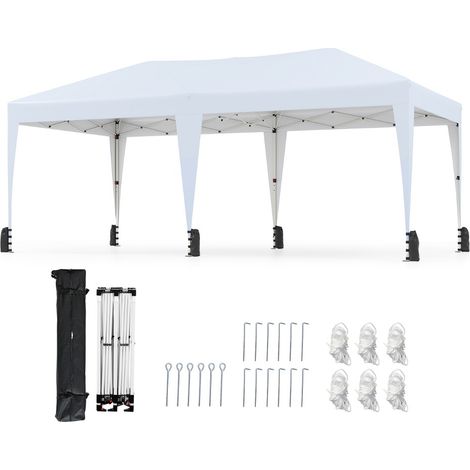 Gazebo pop-up portatile da esterno con borsa con ruote per campeggio 12 picchetti, Tenda pieghevole 590x300 cm Bianco (1/4)