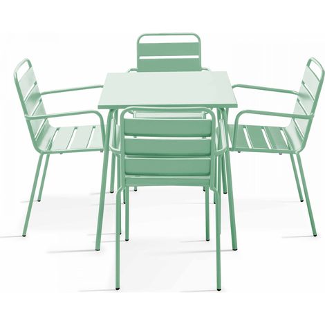 Ensemble table de jardin carrée et 4 fauteuils acier vert sauge - Palavas (1/5)