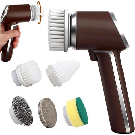 Brosse de nettoyage électrique sans fil rotative - Batterie 2000 mAh - Marron - 5 têtes de brosse (1/5)