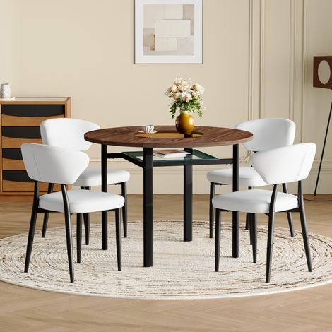 Ensemble de salle à manger rond MDF aspect bois brun, verre trempé et métal noir, avec chaises blanches en PU, Ø100 cm (1/5)