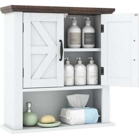 Armoire murale salle de bain avec étagère réglable, 2 portes et niche ouverte, rangement blanc pour cuisine (1/5)