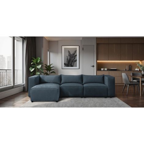 Ecksofa Designersofa NEVIO in Stoff Lincoln Blau Ottomane Links