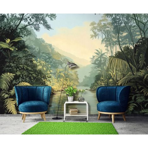 Vlies Fototapete Landschaft 250x175 cm, Tapeten, für Wohn und Schlafzimmer, Vliestapete Wandtapete Tapete 3D Effekt- inkl. Kleister - Dschungel Grün tropisch, WallArena (1/4)