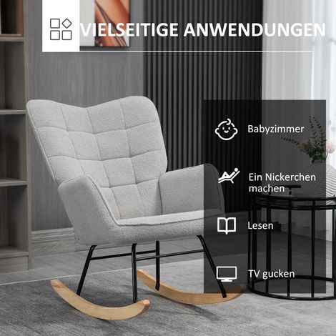 Fauteuil à bascule relaxant pour salon, chaise berçante design, tissu polaire berbère, gris clair, dimensions 71x98x101 cm, charge max 120 kg, siège confortable. (1/5)