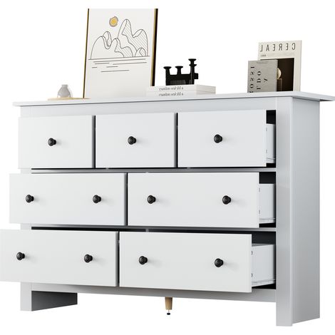 Aparador con 7 Cajones y Sistema Antivuelco, Estilo Campestre para Comedor en Tablero de Partículas, 152 × 40 × 89 cm, Blanco