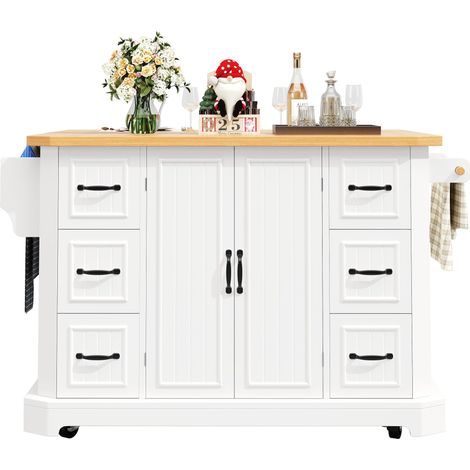 Îlot de cuisine mobile, meuble de cuisine, chariot de cuisine avec 2 portes et 6 tiroirs, à roulettes, (120x45(75)x91 cm), blanc/noir