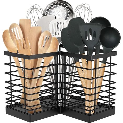 Porte ustensiles de cuisine extra large avec 3 compartiment,Noir,métal  Adapté à La Surface De Travail De Cuisine,Wandmontiert Oder Tischaufbewahrung,Adapté à La Surface De Travail De Cuisine (1/5)