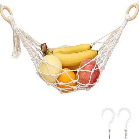 Hamac suspendu pour fruits et légumes en corde tressée, modèle 2, avec crochets à vis (1/5)