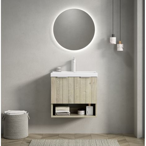 Mueble de lavabo suspendido de cerámica y madera contrachapada blanco roto/roble claro 55 cm con 2 puertas y estante (1/5)
