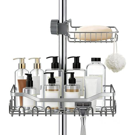 2 Pièces Etagere Douche sans Percage en Acier inoxydable Support Douche sans Percage Réglable Etagere Salle de Bain Porte Savon Salle de Bain pour Barres de 16 à 25 mm Argent (1/5)