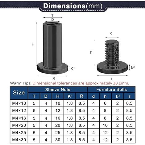 vis De Connexion M4 Vis De Liaison Noir En Acier Inoxydable A2 V2A Pour Meubles M4x25mm Écrous À Douille (10 Pièces) (1/4)