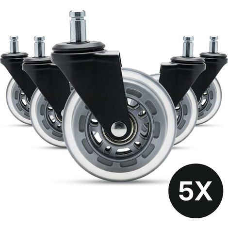 Set de 5 roues de chaise de bureau – Transparentes – 11/75 mm – Montage par clic – Sols durs – Pivotantes (1/5)