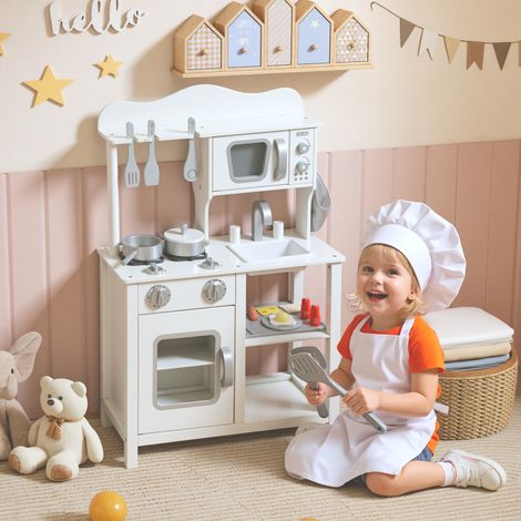 Cuisine en bois jouet Blanc avec accessoires sonores, évier et micro-ondes pour enfants à partir de 3 ans