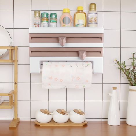 Porte-serviettes mural avec support pour bouteilles de sauce, distributeur de film alimentaire et essuie-tout, rangement cuisine pratique, acier robuste, finition noir, 3 pièces. (1/3)