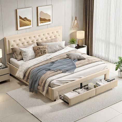 Lit double pour adulte 180 x 200 cm–avec 2 tiroirs au pied du lit–Lit capitonné avec rangement 180 x 200–Velour beige–Sommier à lattes–Style scandinave (1/5)
