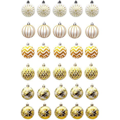 Adornos navideños de plástico pintados a mano, dorados y blancos, de 6 cm de diámetro (paquete de 30), para el árbol de Navidad. (1/4)