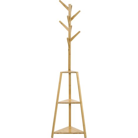 Portemanteau sur pied en bois bambou portant à vêtements 8 patères 3 étagères 46 x 46 x 175 cm naturel