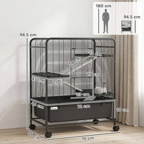 Cage à lapin en acier à 4 niveaux (noire) avec plateforme, rampe, roues, réservoir d'eau et plateau amovible. (1/5)