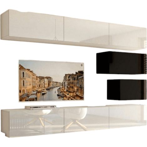Conjunto de muebles de sala blancos y negros suspendidos colección CEPTO XVI 249cm, 8 muebles, modulares.