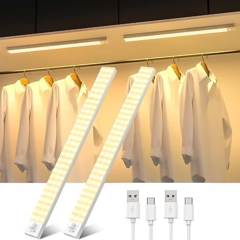 Lampe de Placard Lot de 2, 43CM 3000K Lumiere Placard Détecteur de Mouvement Sans Fil 2500mAh Rechargeable Veilleuse Lampe d'Armoire pour Tiroir Cuisine Toilettes Couloir Escalier (1/5)