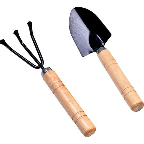 Set D'outils De Jardinage - Pelle Et Râteau En Métal Et Bois - Pour Transplantation Et Entretien De Plantes En Intérieur Et En Conteneur - 2 Pièces (1/5)